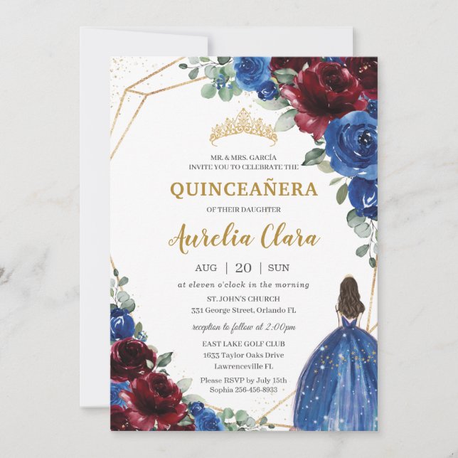 Invitation Quinceañera Royal Blue Bourgogne Floral Princesse (Devant)