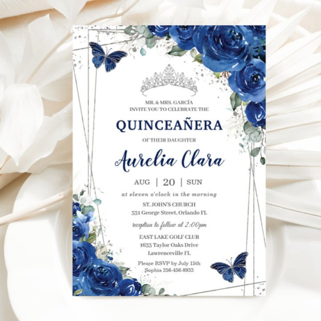 Invitation Quinceañera Royal Blue Floral Papillons Anniversai (Créateur téléchargé)