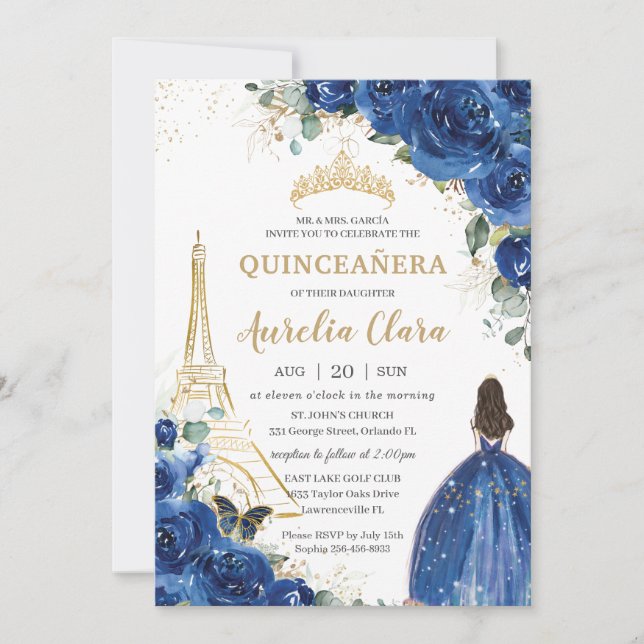 Invitation Quinceañera Royal Blue Floral Paris Eiffel Gold (Devant)