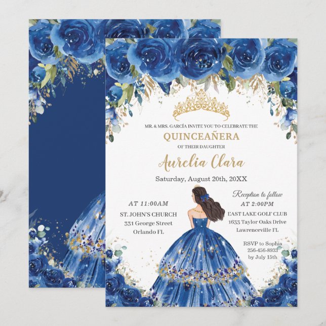 Invitation Quinceañera Royal Blue Floral Tiara 15e anniversai (Devant / Derrière)