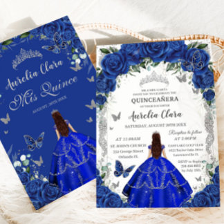 Invitation Quinceañera Royal Blue Roses Floral Vintage Argent