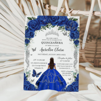 Invitation Quinceañera Royal Blue Roses Floral Vintage Argent