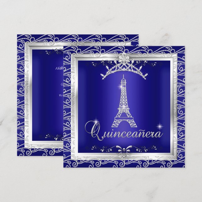 Invitation Quinceanera Royal Blue Silver Tiara Tour Eiffel 2 (Devant / Derrière)