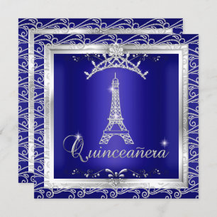 Invitation Quinceanera Royal Blue Silver Tiara Tour Eiffel 2