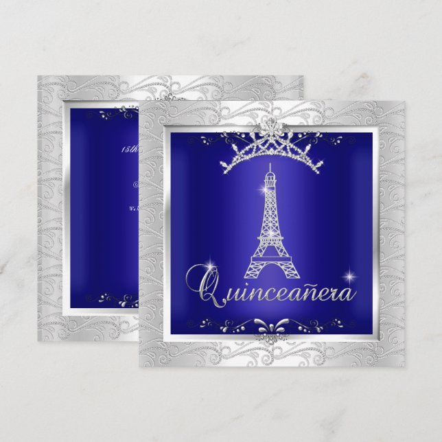 Invitation Quinceanera Royal Blue Silver Tour Tiara Eiffel (Devant / Derrière)