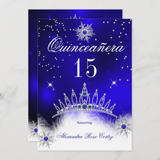 Invitation Quinceanera Royal Blue Snowflake 15e anniversaire (Devant / Derrière)