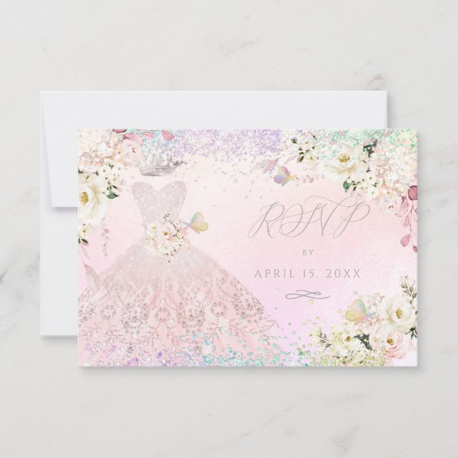 Invitation Quinceanera RSVP Blush Pink Gown rêve holographiqu (Devant)