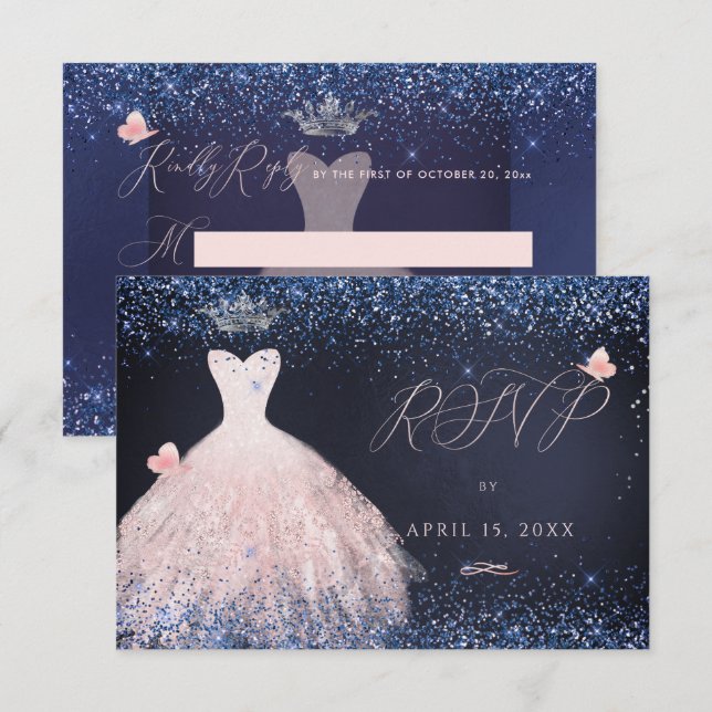 Invitation Quinceanera RSVP Butterfly Blush Gown Navy dans (Devant / Derrière)