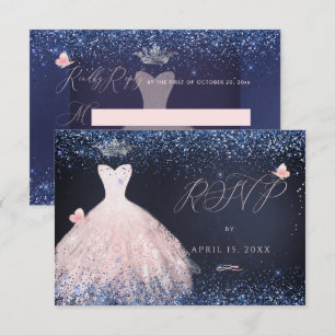Invitation Quinceanera RSVP Butterfly Blush Gown Navy dans
