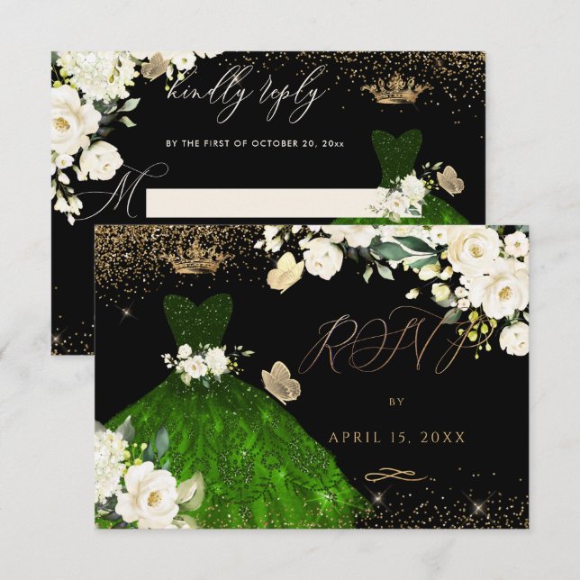 Invitation Quinceanera RSVP Emerald Green Parties scintillant (Devant / Derrière)