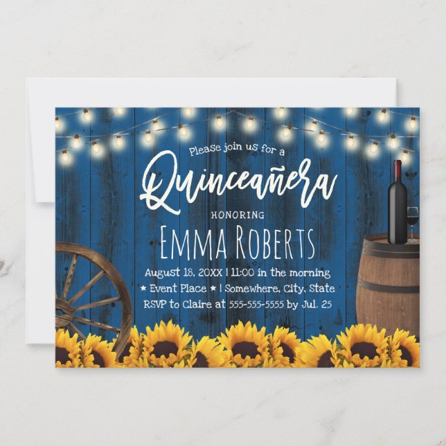 Invitation Quinceanera Russe Tournesols Baril Marine Bleu (Devant)
