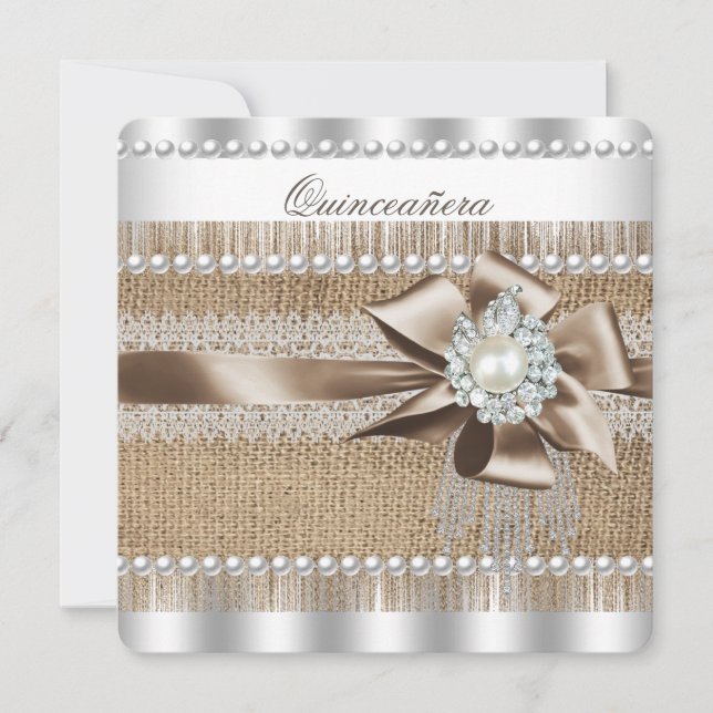 Invitation Quinceanera Rustic Burlap Pearl Lace Pearl Pearl (Devant)