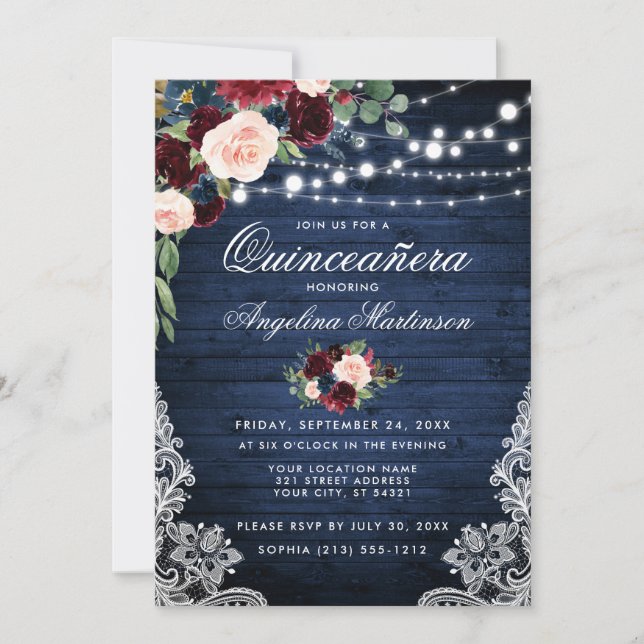 Invitation Quinceanera rustique Bois Bourgogne Bleu Floral (Devant)