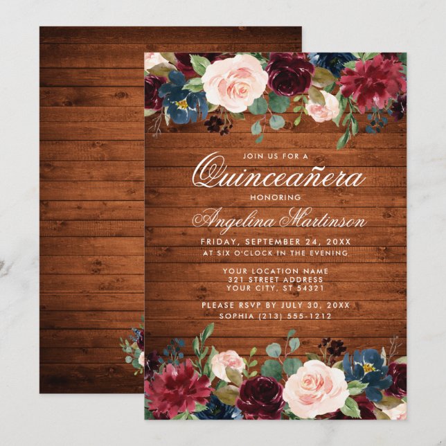 Invitation Quinceanera rustique Bois Bourgogne Bleu rose Flor (Devant / Derrière)