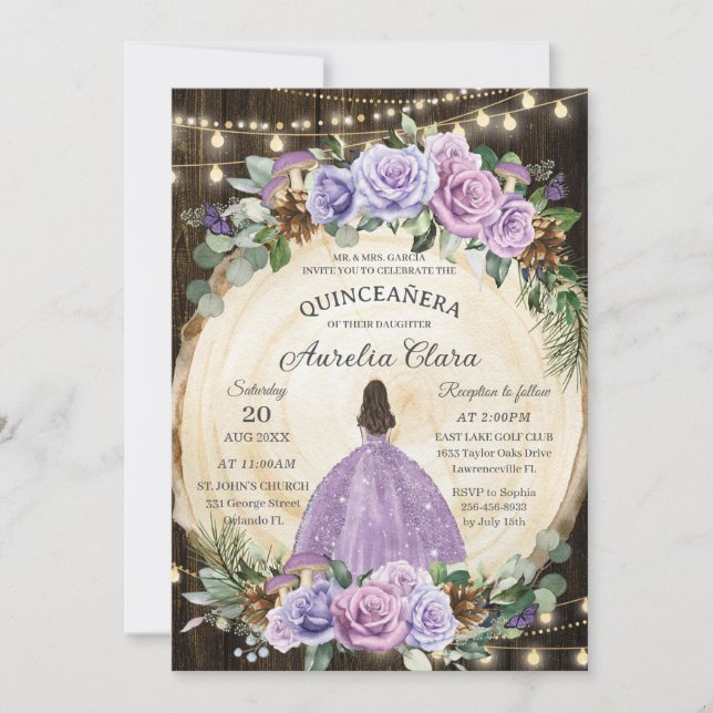Invitation Quinceañera Rustique Violet Floral Enchantée Forêt (Devant)
