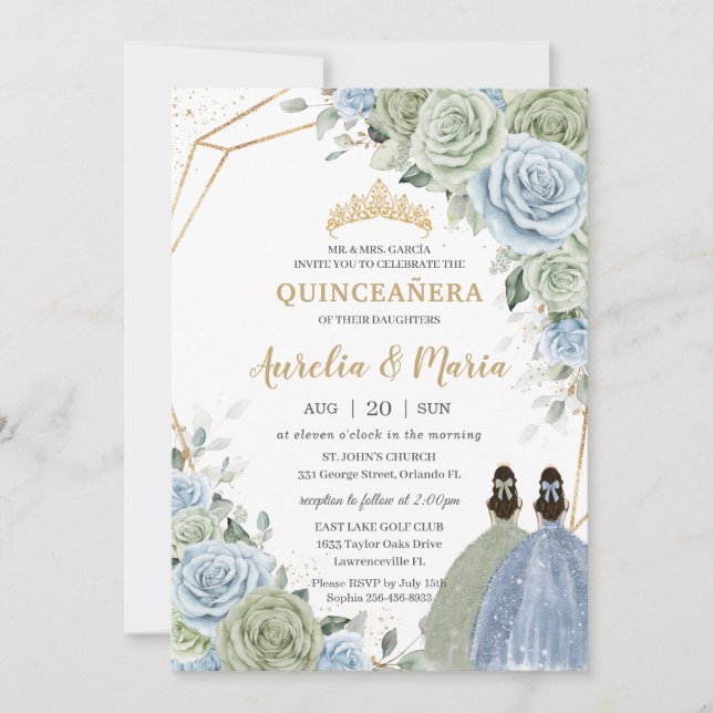 Invitation Quinceañera Sage Green Baby Blue Floral Twins Or (Devant)