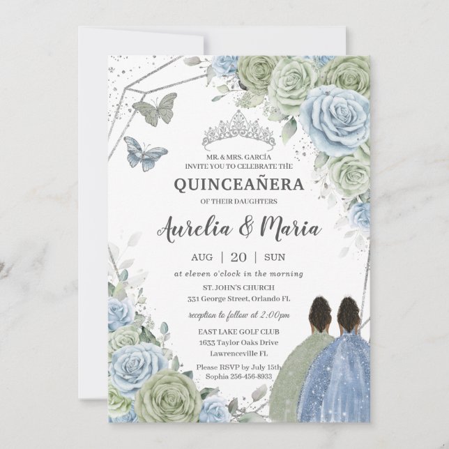 Invitation Quinceañera Sage Green Blue Floral Twins Silver (Devant)