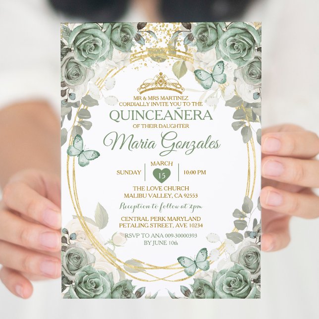 Invitation Quinceañera Sage Green & Gold Crown Butterfly (Créateur téléchargé)