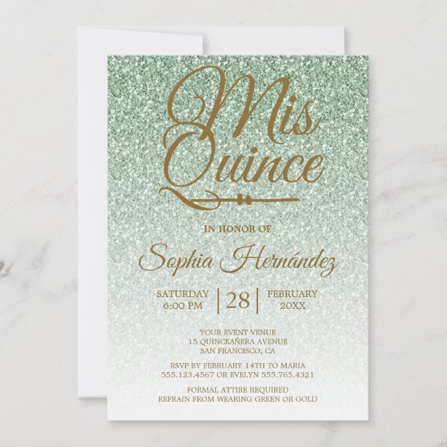 Invitation Quinceañera Sage Parties scintillant verte 15e ann (Devant)