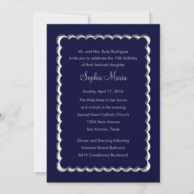 Invitation Quinceanera Saint-Jacques Changer bleu marine à n' (Devant)