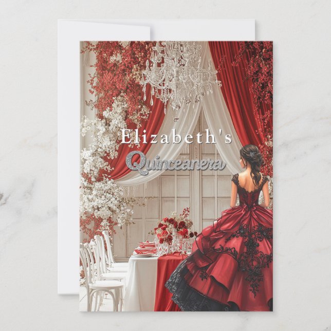 Invitation Quinceañera salle de fête Rouge Gown cristal chand (Devant)