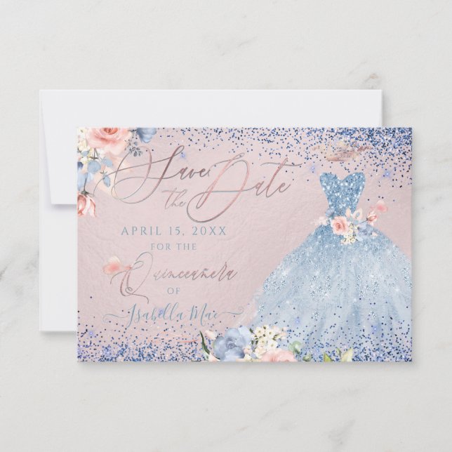 Invitation Quinceanera Sauvez la date Dusty Blue Gown (Devant)