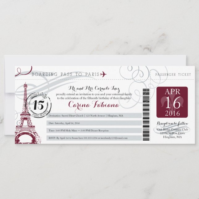 Invitation Quinceanera Silver Grey et Bourgogne | Paris (Devant)