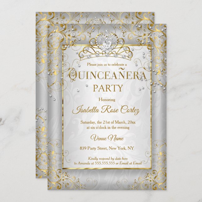 Invitation Quinceanera Silver White Gold Tiara (Devant / Derrière)