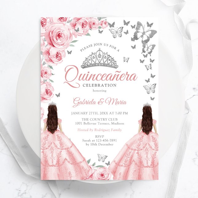 Invitation Quinceanera Silver White Rose Floral Twins (Créateur téléchargé)