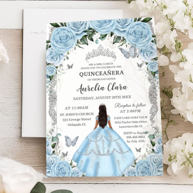 Invitation Quinceañera Sky Blue Floral Gown Princess Silver (Créateur téléchargé)