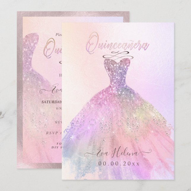 Invitation Quinceañera, Sparkle Gown, Coton Candy (Devant / Derrière)