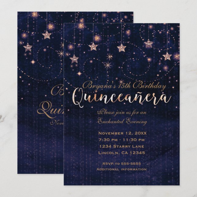 Invitation Quinceañera Starry Nuit violet & Or Whimsical (Devant / Derrière)