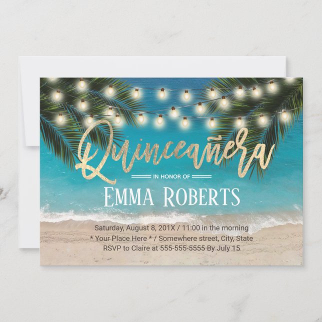 Invitation Quinceanera String Lights Plage tropicale Annivers (Devant)