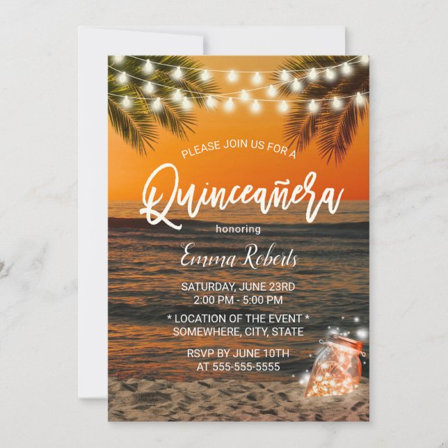Invitation Quinceanera Summer Sunset Beach Glow Mason Jar (Devant)