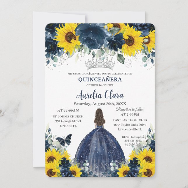 Invitation Quinceañera Sunflower Navy Blue Floral Princesse (Devant)