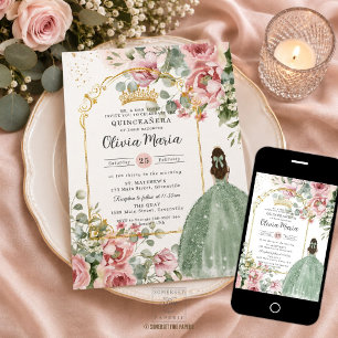 Invitation Quinceañera Sweet 16 Rose Pâle Floral Vert Sauge