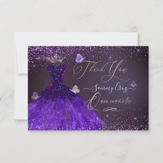 Invitation Quinceanera Thank You Ultra Violet Glitter   (Devant)