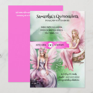 Invitation Quinceañera thème fée rose vert princesse filles
