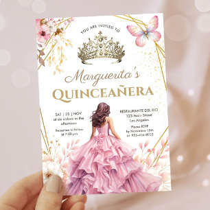 Invitation Quinceañera Tiara Girl Rose Floral Papillon
