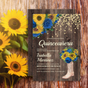 Invitation Quinceañera Tournesol Rustique Roses Bleues Bottes