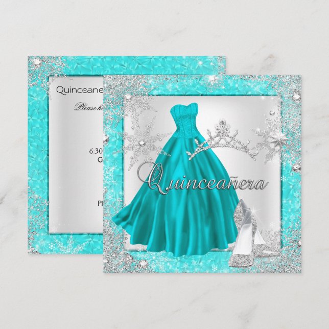 Invitation Quinceanera turquoise 15ème Elite Élégante fête d' (Devant / Derrière)