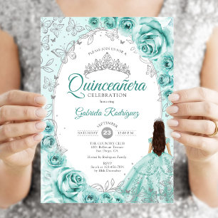 Invitation Quinceanera Turquoise Argent Floral