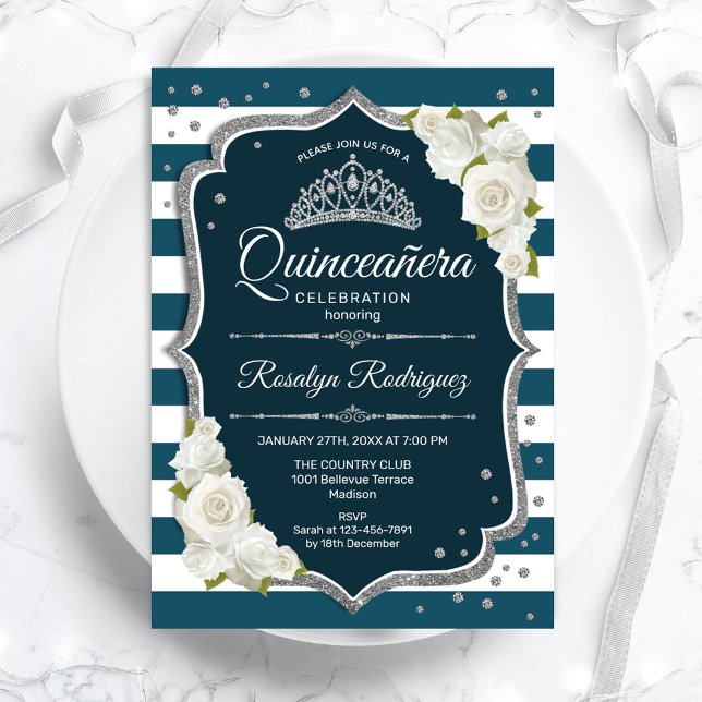 Invitation Quinceanera turquoise blanc argent élégant (Créateur téléchargé)