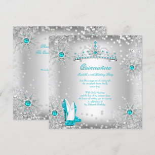 Invitation Quinceanera Turquoise Bleu Argent hiver Wonderland