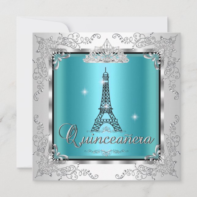 Invitation Quinceanera Turquoise Bleu Argent Tiara Tour Eiffe (Devant)