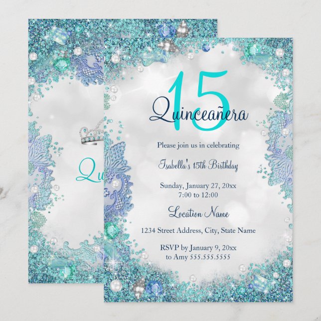 Invitation Quinceanera Turquoise Bleu Blanc Océan Ciel Annive (Devant / Derrière)