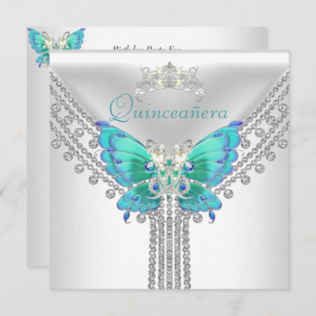 Invitation Quinceañera Turquoise Bleu Blanc Papillon Diamant  (Devant / Derrière)