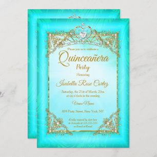 Invitation Quinceanera Turquoise bleu perle photo Gold Tiara 