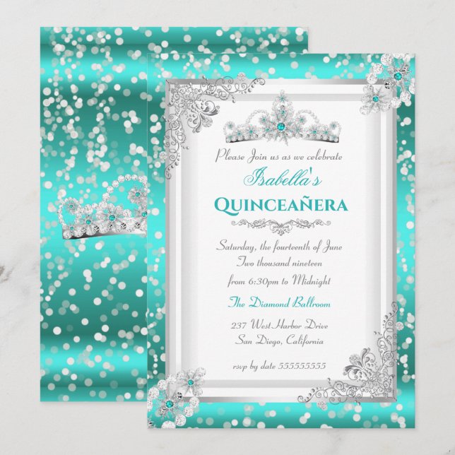 Invitation Quinceanera Turquoise Bleu Silver Feu de neige Tia (Devant / Derrière)