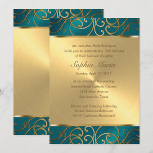 Invitation Quinceanera Turquoise Bleu Vert et Or Filigree